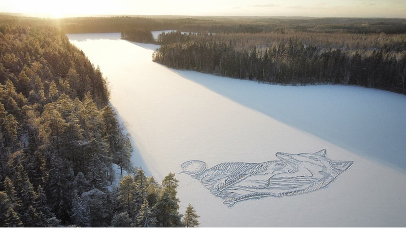 Рисунок волка на льду озера Риткяярви