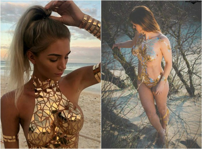 Девушки в купальниках из клейкой ленты