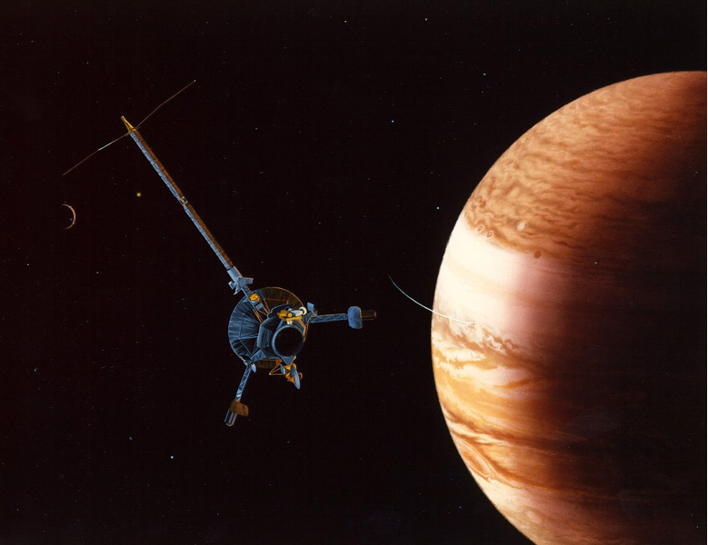 Художественное представление космического аппарата NASA «Galileo», изучающего систему Юпитера.