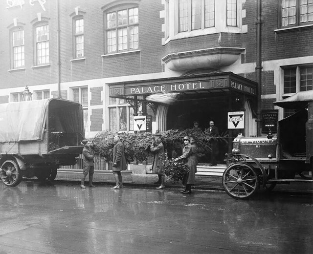 Елки привезли в лондонскую гостиницу Palace, декабрь 1918 года