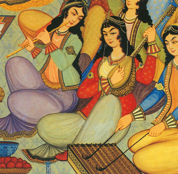 Женщина играет на танбуре. Фреска из дворца Хашт-Бехешт (Исфахан, Иран, 1669)
