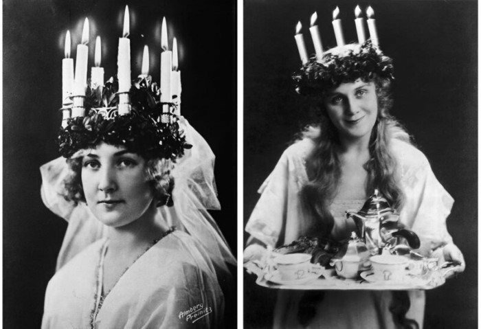 Безопасная шведская традиция в день святой Люсии, 1931 год. В день праздника младшая незамужняя дочь облачалась в белое платье и надевала венок из горящих свечей, символизируя святую Люсию.